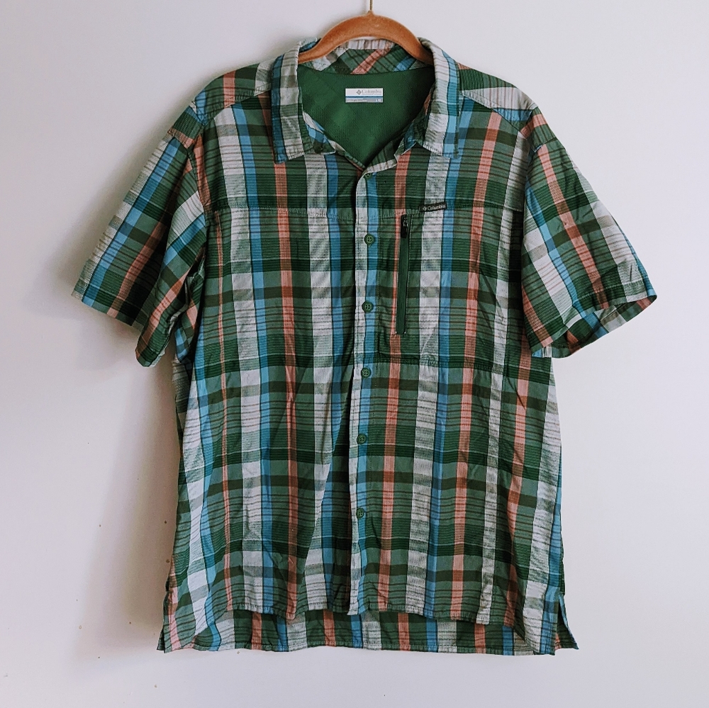 Columbia Plaid Green Blue Button Up Size Large